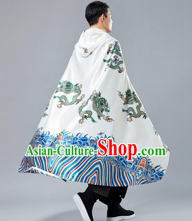 Top Chinese Tang Suit Printing Dragon White Cape Traditional Tai Chi Kung Fu Cloak Costume for Men