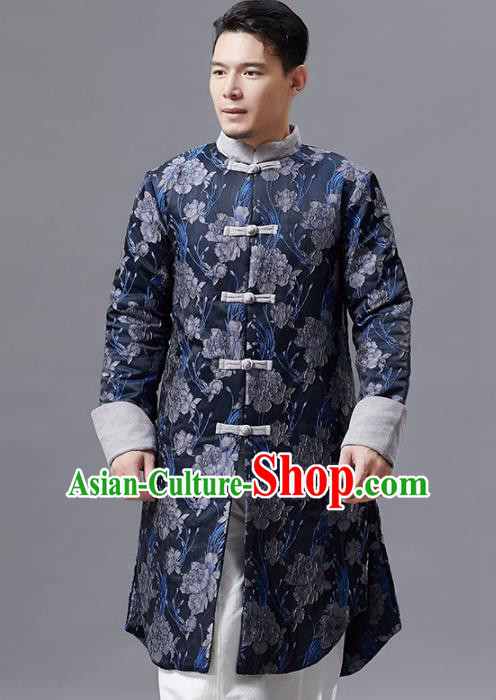 Top Chinese Tang Suit Printing Navy Coat Traditional Tai Chi Kung Fu Overcoat Costume for Men