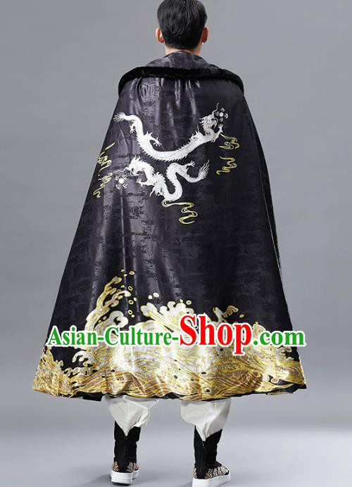 Top Chinese Tang Suit Printing Dragon Black Cloak Traditional Tai Chi Kung Fu Cape Costume for Men