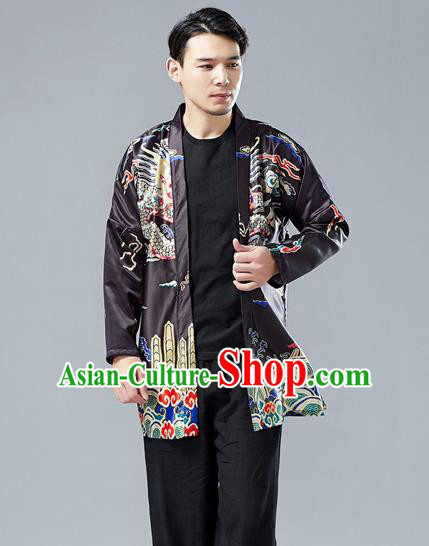 Top Chinese Tang Suit Printing Dragon Black Cardigan Traditional Tai Chi Kung Fu Jacket Costume for Men