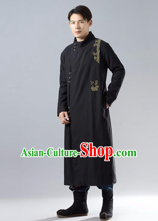 Top Chinese Tang Suit Embroidered Black Dust Coat Traditional Tai Chi Kung Fu Overcoat Costume for Men