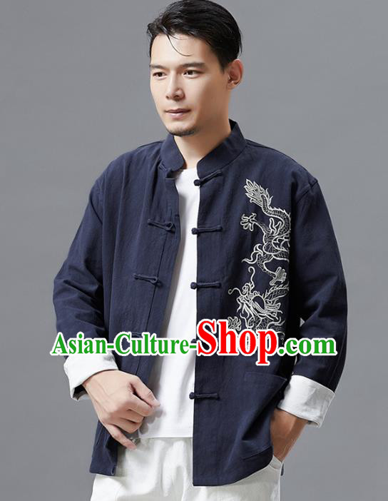 Top Chinese Tang Suit Embroidered Navy Flax Jacket Traditional Tai Chi Kung Fu Overcoat Costume for Men