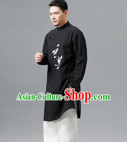 Top Chinese Tang Suit Embroidered Crane Black Flax Jacket Traditional Tai Chi Kung Fu Overcoat Costume for Men