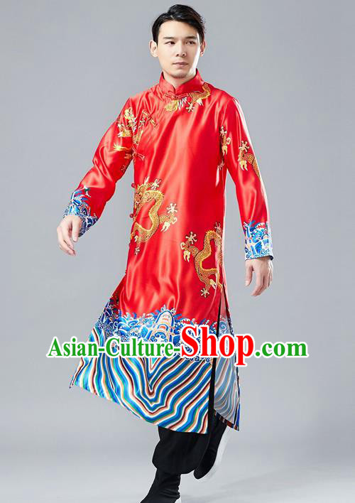 Top Chinese Tang Suit Printing Dragon Red Robe Traditional Republic of China Kung Fu Gown Costumes for Men