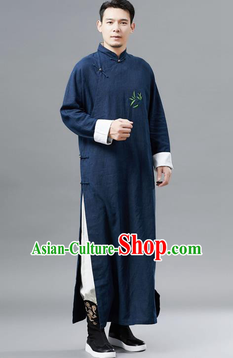 Top Chinese Tang Suit Embroidered Bamboo Navy Flax Robe Traditional Republic of China Kung Fu Gown Costumes for Men