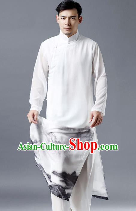 Top Chinese Tang Suit Ink Painting White Robe Traditional Republic of China Kung Fu Gown Costumes for Men