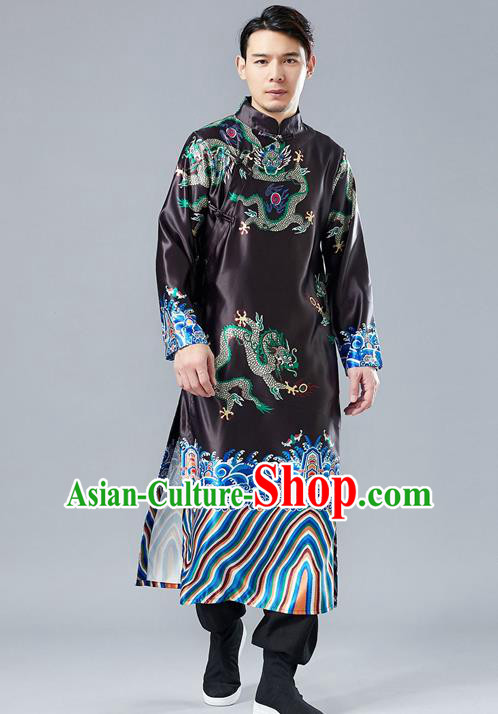 Top Chinese Tang Suit Printing Dragon Black Robe Traditional Republic of China Kung Fu Gown Costumes for Men