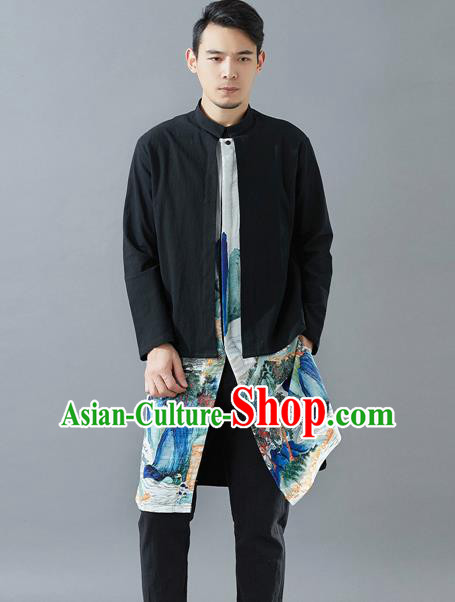 Top Chinese Tang Suit Printing Black Long Coat Traditional Tai Chi Kung Fu Overcoat Costume for Men