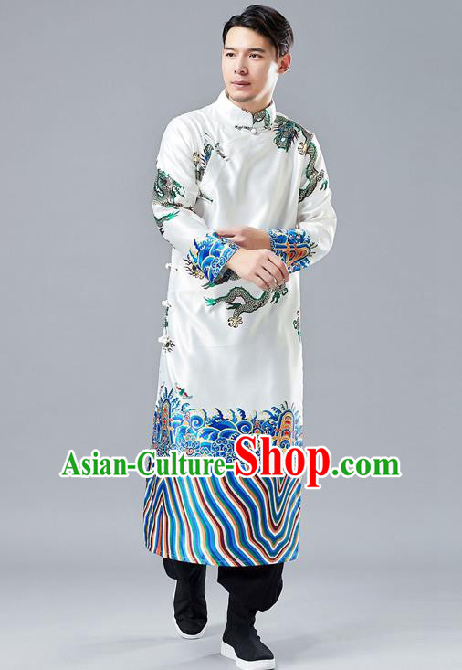 Top Chinese Tang Suit Printing Dragon White Robe Traditional Republic of China Kung Fu Gown Costumes for Men