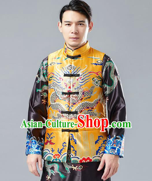 Chinese Tang Suit Printing Dragon Yellow Cotton Padded Vest Traditional Tai Chi Waistcoat Upper Outer Garment Costume for Men