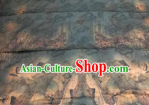 Chinese Traditional Crane Design Pattern Deep Green Silk Fabric Cheongsam Gambiered Guangdong Gauze Drapery