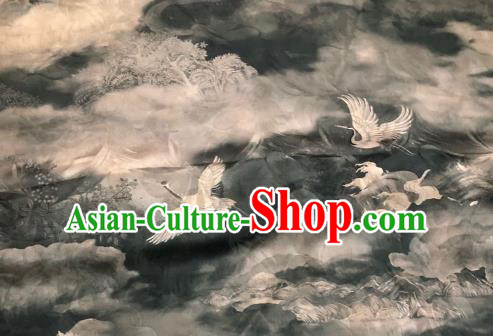 Chinese Traditional Cloud Crane Design Pattern Grey Silk Fabric Cheongsam Gambiered Guangdong Gauze Drapery