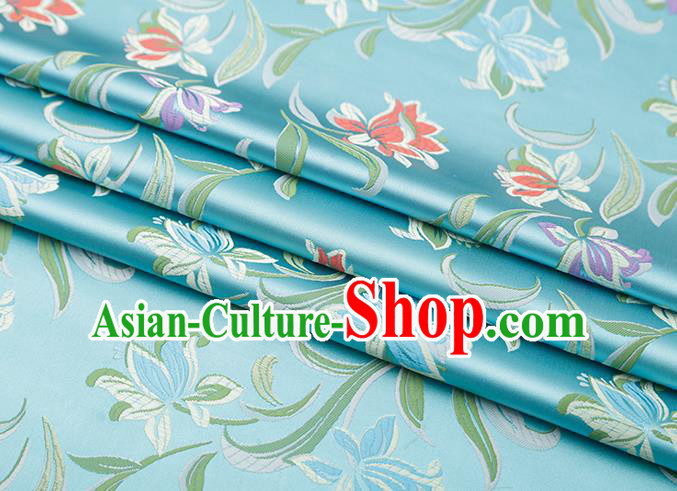 Chinese Traditional Daffodil Pattern Blue Brocade Fabric Cheongsam Satin Tapestry Drapery