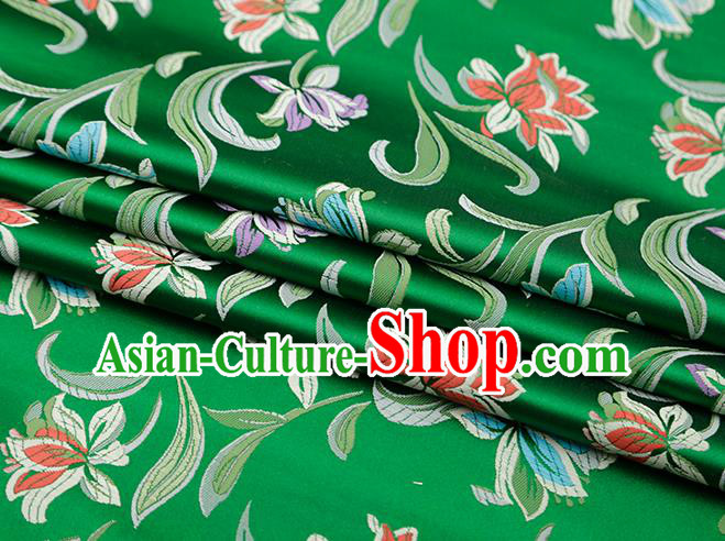 Chinese Traditional Daffodil Pattern Green Brocade Fabric Cheongsam Satin Tapestry Drapery