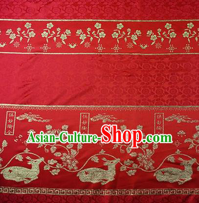 Chinese Traditional Flowers Deer Pattern Design Red Brocade Fabric Hanfu Dress Satin Tapestry Drapery