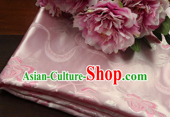 Chinese Traditional Roses Pattern Design Pink Brocade Fabric Hanfu Dress Satin Drapery