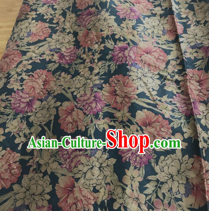 Chinese Traditional Flowers Design Pattern Navy Silk Fabric Cheongsam Mulberry Silk Drapery