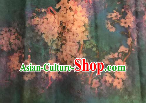 Chinese Traditional Pear Flowers Design Pattern Deep Green Silk Fabric Cheongsam Gambiered Guangdong Gauze Drapery