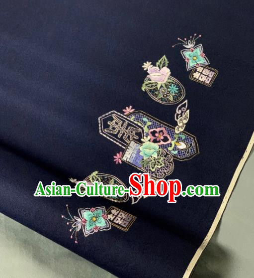 Chinese Classical Embroidered Pattern Design Navy Silk Fabric Asian Traditional Hanfu Brocade Material