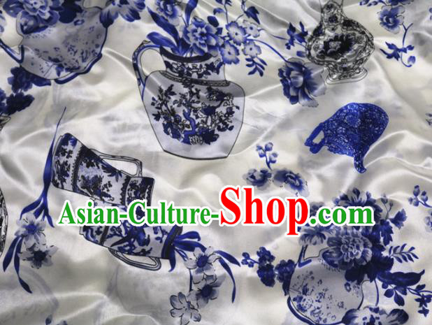 Chinese Traditional Printing Peony Vase Design Pattern White Silk Fabric Cheongsam Mulberry Silk Drapery