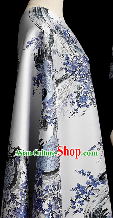 Chinese Traditional Plum Crane Pattern White Brocade Fabric Cheongsam Tapestry Drapery