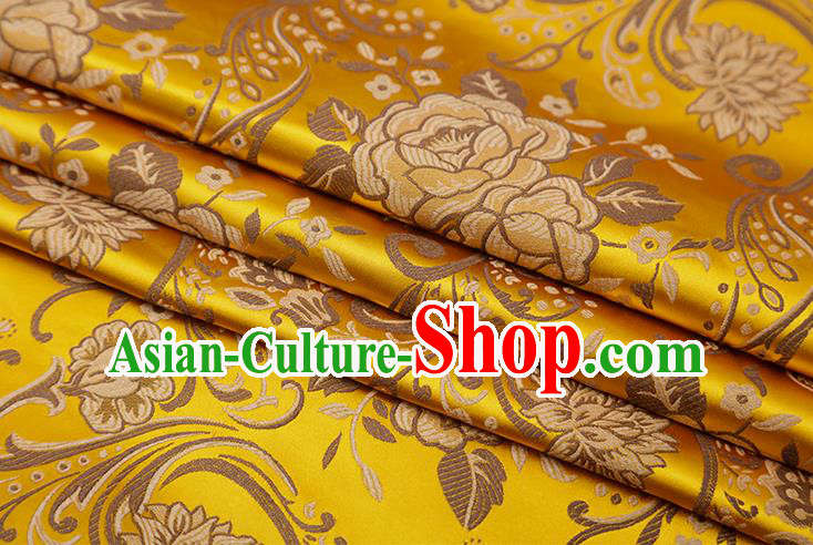 Chinese Traditional Twine Peony Lotus Pattern Yellow Brocade Fabric Cheongsam Tapestry Drapery