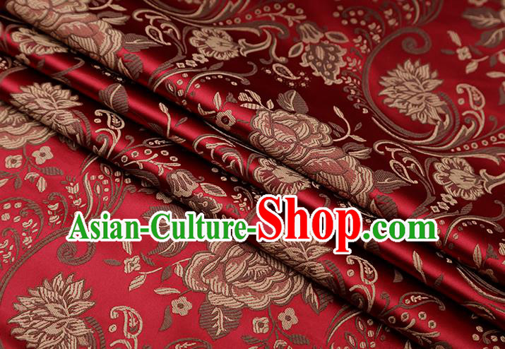 Chinese Traditional Twine Peony Lotus Pattern Wine Red Brocade Fabric Cheongsam Tapestry Drapery