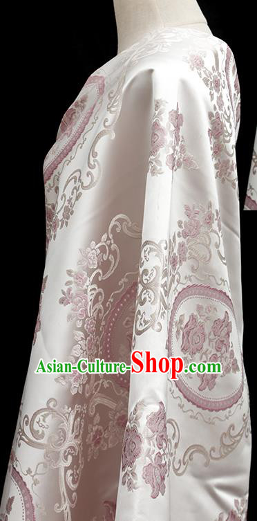 Chinese Traditional Jacquard Flowers Pattern White Brocade Fabric Cheongsam Satin Tapestry Drapery