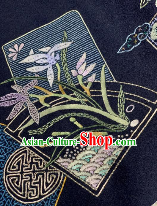 Chinese Classical Embroidered Orchid Pattern Design Navy Silk Fabric Asian Traditional Hanfu Brocade Material