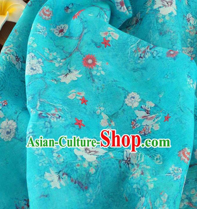 Chinese Traditional Flowers Design Pattern Blue Ramie Fabric Cheongsam Ramee Drapery