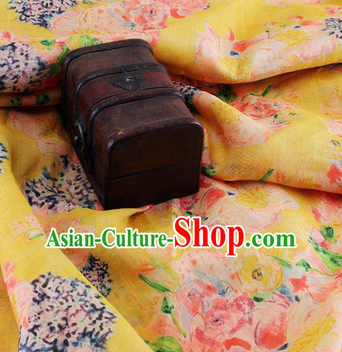 Chinese Traditional Flowers Design Pattern Yellow Ramie Fabric Cheongsam Ramee Drapery