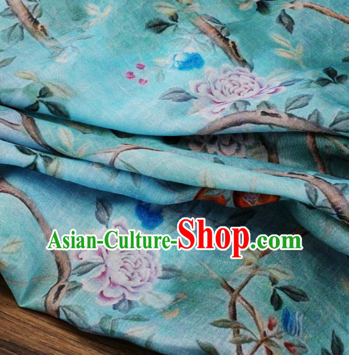 Chinese Traditional Peacock Peony Design Pattern Blue Ramie Fabric Cheongsam Ramee Drapery