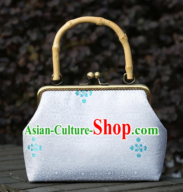 Chinese Traditional Pattern White Brocade Bamboo Handle Bag Handmade Cheongsam Handbag for Women