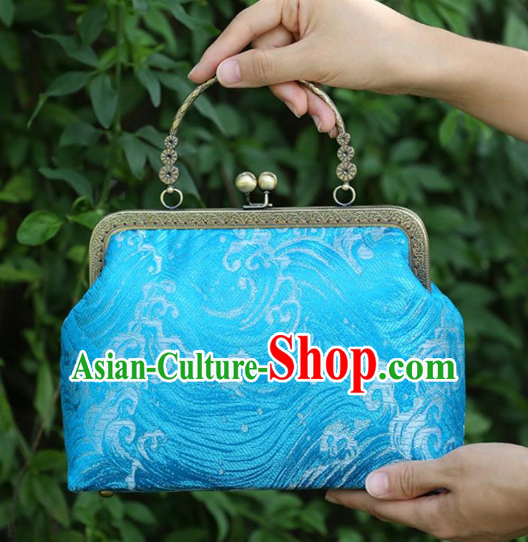 Chinese Traditional Wave Pattern Blue Brocade Bag Handmade Cheongsam Handbag for Women