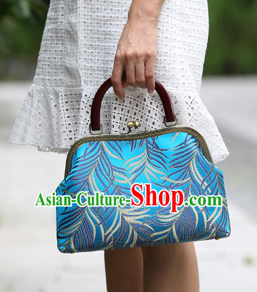 Chinese Traditional Feather Pattern Blue Brocade Bag Handmade Cheongsam Silk Handbag for Women