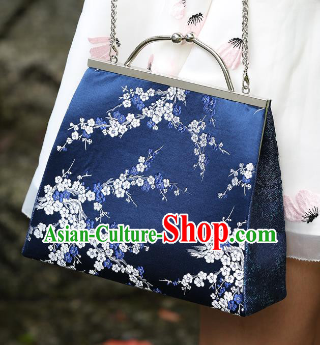 Chinese Traditional Plum Blossom Pattern Royalblue Brocade Bag Handmade Cheongsam Silk Handbag for Women