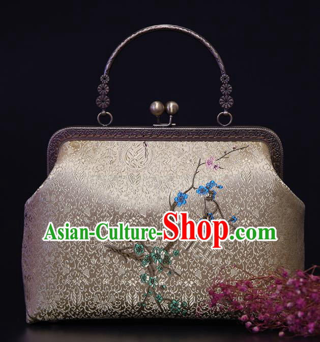 Chinese Traditional Plum Blossom Pattern Golden Brocade Bag Handmade Cheongsam Silk Handbag for Women