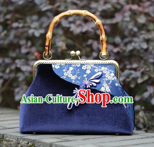 Chinese Traditional Plum Blossom Pattern Royalblue Brocade Bag Handmade Cheongsam Pleuche Handbag for Women