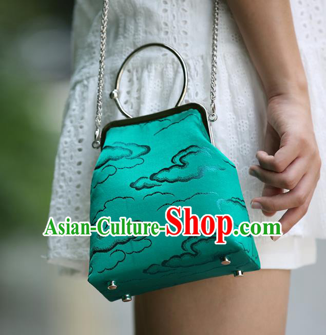 Chinese Traditional Cloud Pattern Green Brocade Bag Handmade Cheongsam Silk Handbag for Women