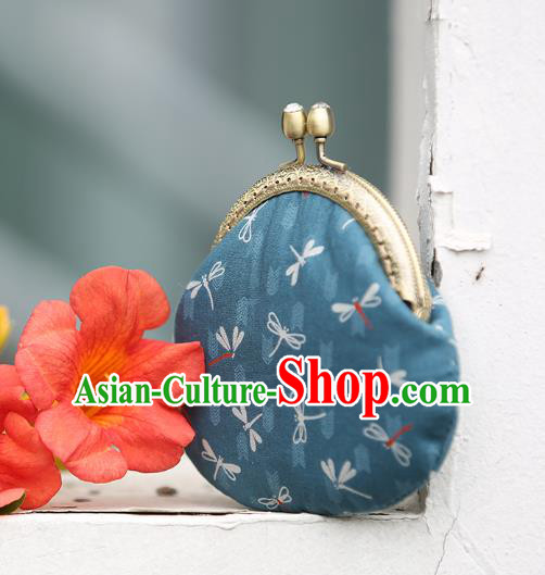 Chinese Traditional Dragonfly Pattern Blue Brocade Wallet Handmade Cheongsam Handbag for Women