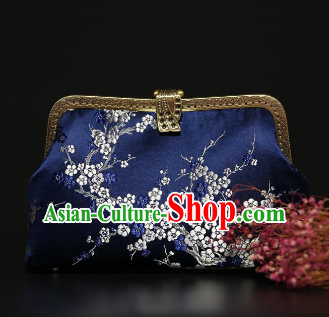 Chinese Traditional Plum Blossom Pattern Deep Blue Brocade Bag Handmade Cheongsam Silk Handbag for Women