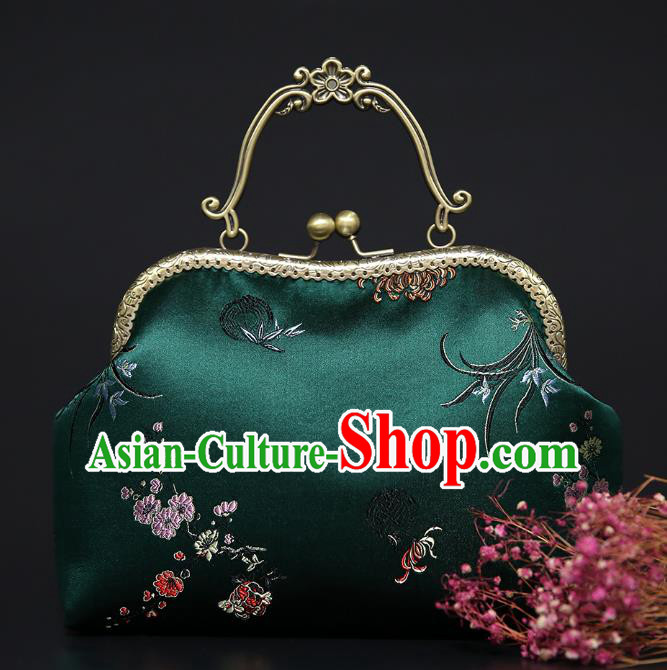 Chinese Traditional Plum Orchid Bamboo Chrysanthemum Pattern Deep Green Brocade Bag Handmade Cheongsam Silk Handbag for Women