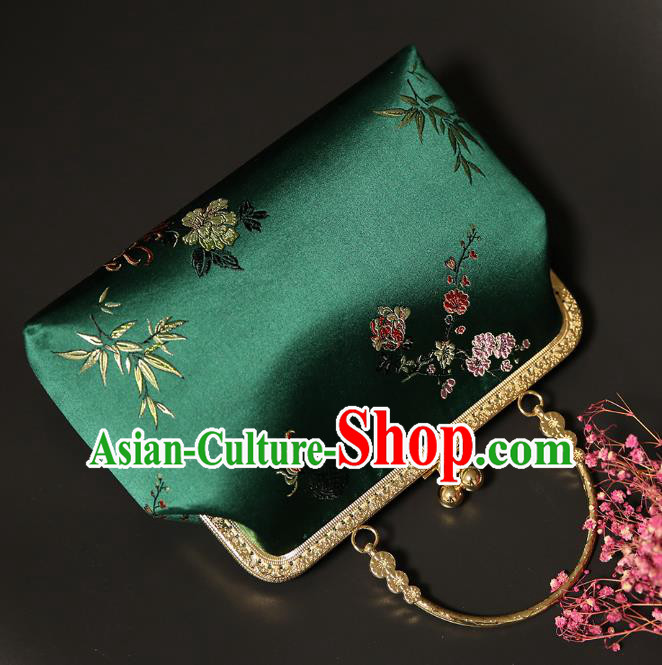 Chinese Traditional Plum Bamboo Peony Pattern Deep Green Brocade Bag Handmade Cheongsam Silk Handbag for Women