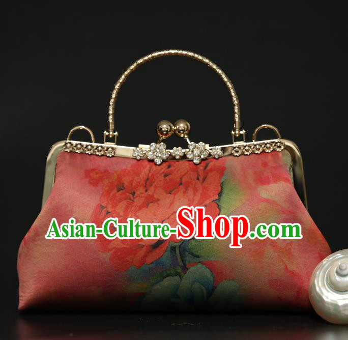 Chinese Traditional Peony Pattern Pink Brocade Bag Handmade Cheongsam Silk Handbag for Women