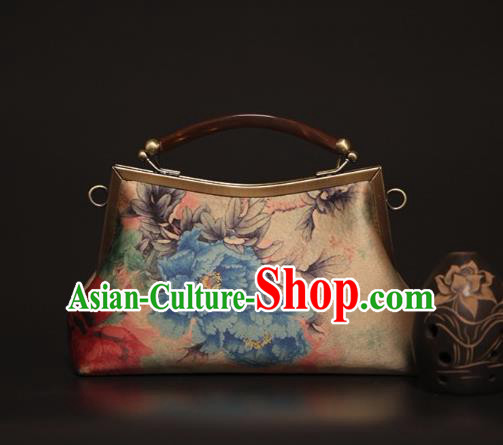 Chinese Traditional Peony Flowers Pattern Beige Brocade Bag Handmade Cheongsam Silk Handbag for Women
