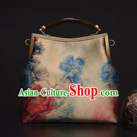 Chinese Traditional Peony Pattern Beige Brocade Bag Handmade Cheongsam Silk Handbag for Women