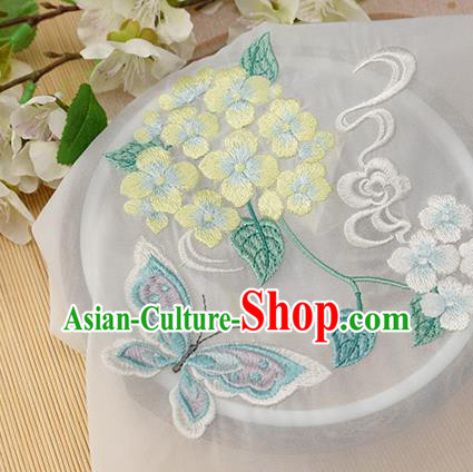 Chinese Traditional Embroidered Hydrangea Butterfly White Chiffon Applique Accessories Embroidery Patch