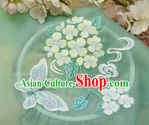 Chinese Traditional Embroidered Hydrangea Butterfly Green Chiffon Applique Accessories Embroidery Patch