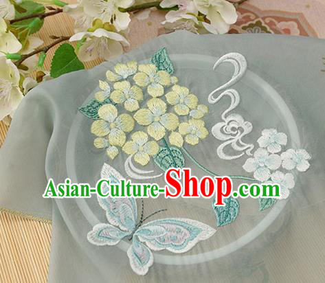 Chinese Traditional Embroidered Hydrangea Butterfly Light Grey Chiffon Applique Accessories Embroidery Patch