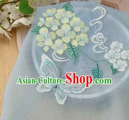 Chinese Traditional Embroidered Hydrangea Butterfly Light Blue Chiffon Applique Accessories Embroidery Patch